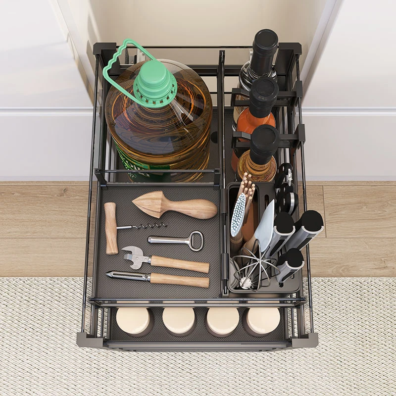 200mm side pullout kitchen stainless steel pull out drawer wire storage basket with cutlery tray