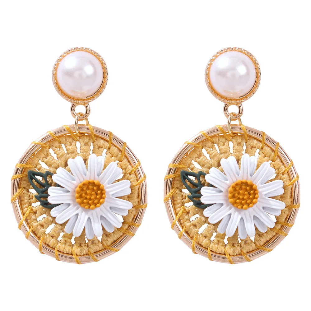 New Jewelry Korea Style Handmade Sunflower Stud Earrings With Pearl