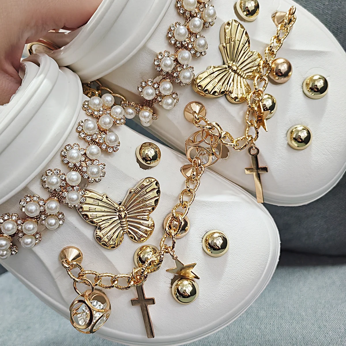 Gold chain metal line butterfly Clogs accessories imitation pearl chain gold series hole shoe charms