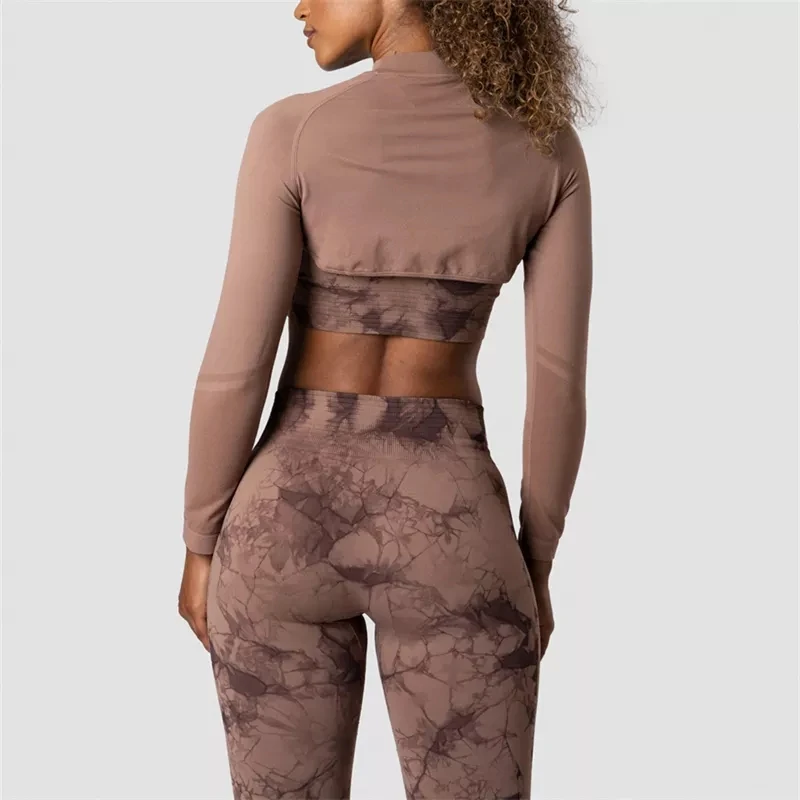 New Fall Butt Lift Brown Long Sleeve Tie Dye Women 3 Piece Sports Workout Running Yoga Legging Athletic Gym Fitness Sets