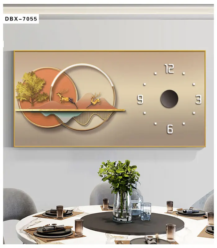 Custom wall clock Nordic style abstract geometry with deer painting wall art Deco living room crystal porcelain painting