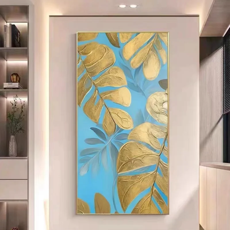 Luxury Abstract Golden leaf sky blue Landscape Acrylic Painting Floral Oil Painting Canvas Wall Art Decor for hotel lobby
