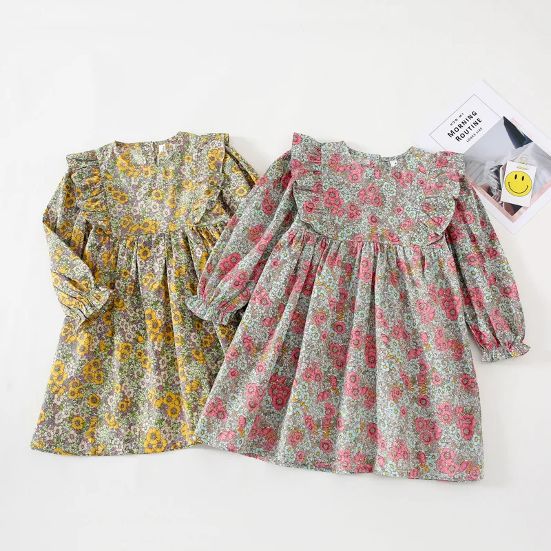 Hot sale super-cute flower printed girl dress high quality long sleeve ruffle dress wholesale autumn kids clothes