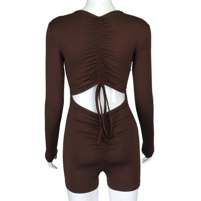 
H6675 - fashion bodycon long sleeve drawstring solid backless women rompers 