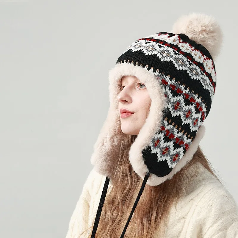 Women Ethnic Jacquard Fluffy Faux Fur Aviator Cap Warm Ear Protection Winter Pattern Knit Plush Fur Lined Earflap Trapper Hat