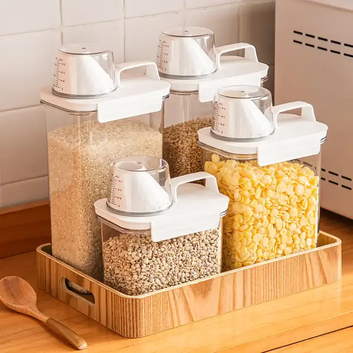 Large Capacity Plastic Seal Food Storage Boxes Dry Food Cereal Storage Container Leak Proof Grain Storage Can With Measure Cup