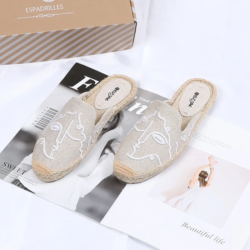 Ladies Flax Half Shoes Slippers Close Toe Indoor Outdoor Linen Embroidery Flat Sliipper For Women