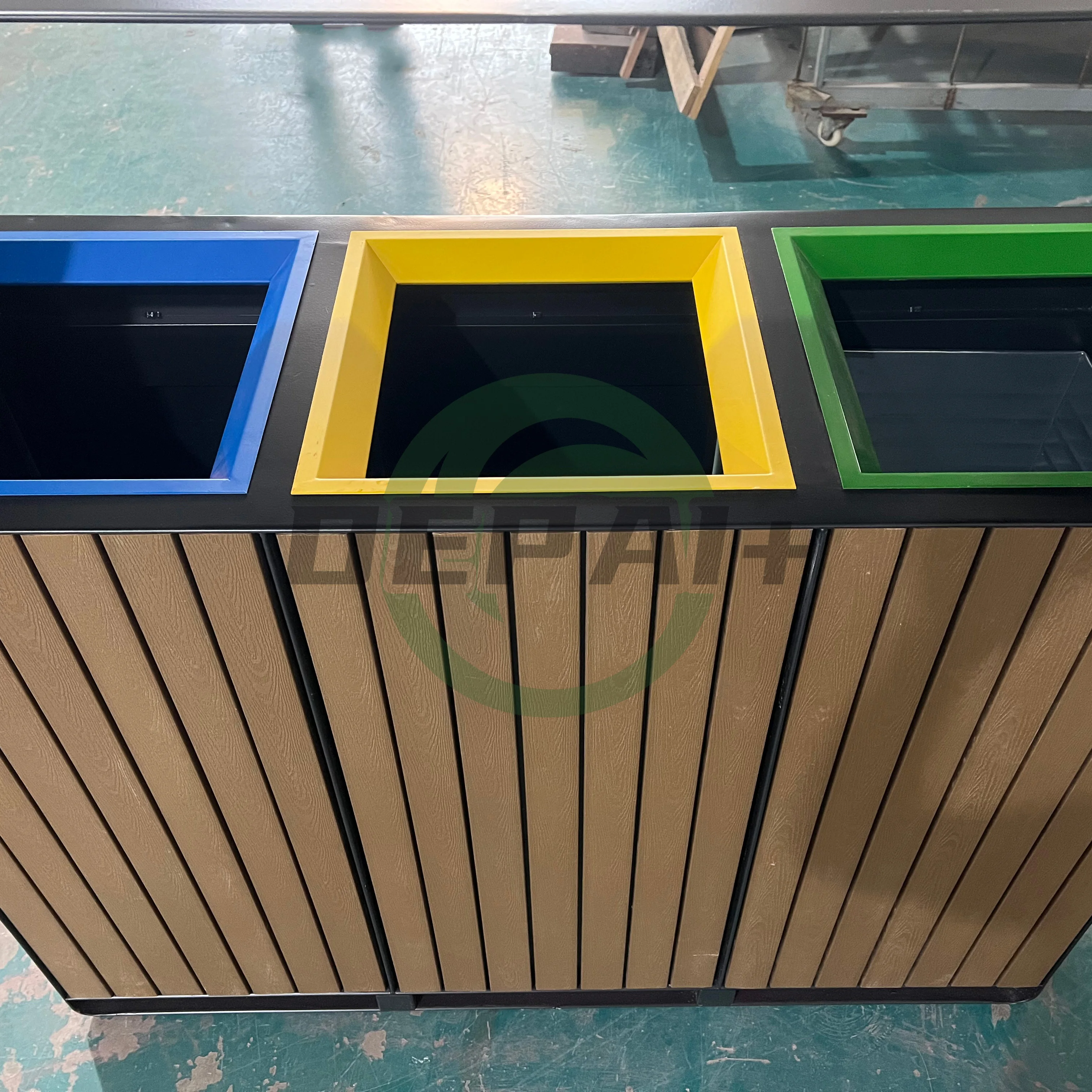 European WPC Style Outdoor Metal 3 Compartments Waste Recycling Trash Cans for Streets