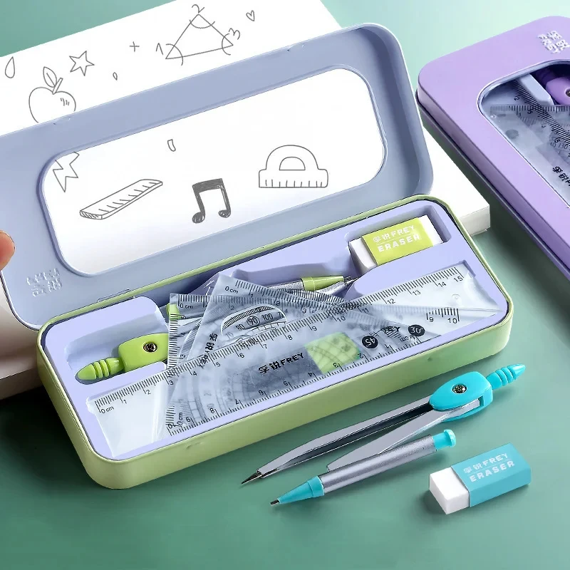 YuBon 7pcs/set Geometric Mathematical Drawing Tool Set Multi-functional Compass Protractor Ruler Eraser Stationery Supplies