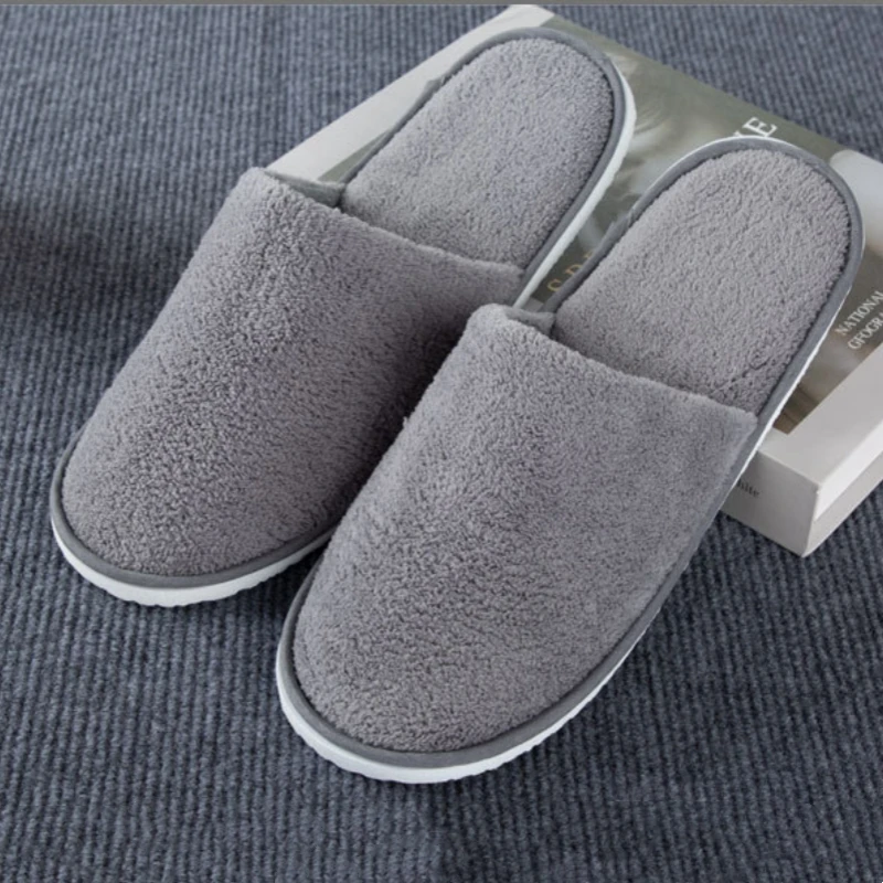 Custom Spa Guest Disposable White Closed Toe Bathroom Soft Coral Fleece Hotel Slippers