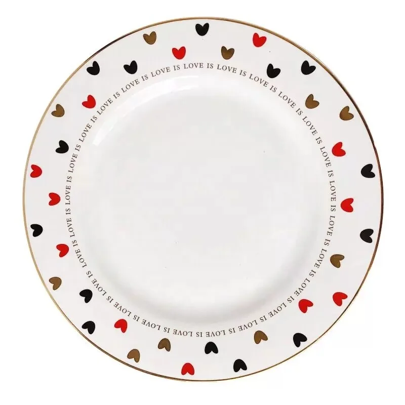 Factory Price Ceramic White Plates With Real Gold Edge Nordic Porcelain Plate Set With Love Design For Home For Girl