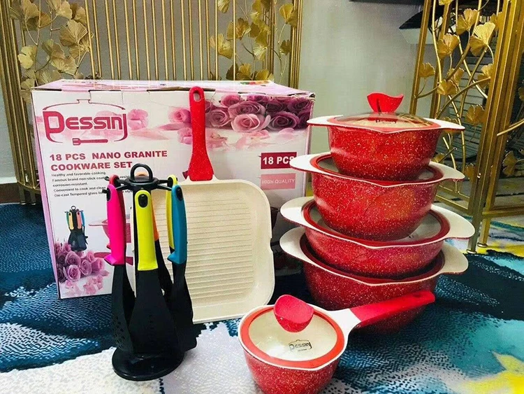 NEW 2021 Food grade dessini 18pcs die-casting aluminium nonstick kitchenware granit marble cookware cook pot 18 set