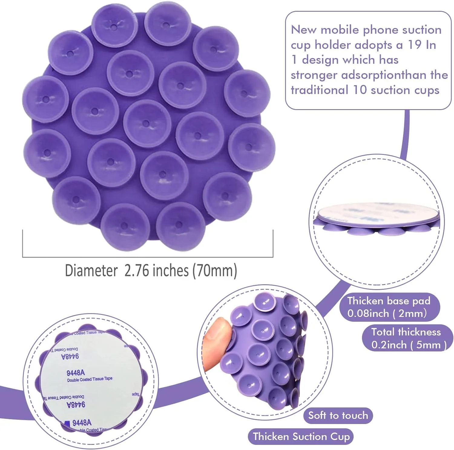 Silicone Suction Phone Case Adhesive Mount-Round With 19 Cups Phone Holder for Selfies and Videos Hand Mobile Devices Mount