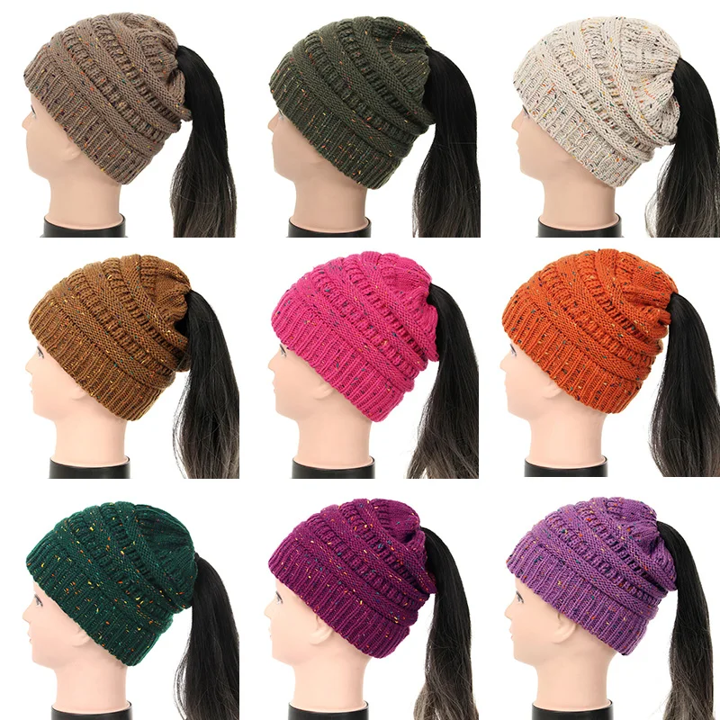 Women style winter design acrylic multifunction confetti messy bun ponytail beanie hat with hole