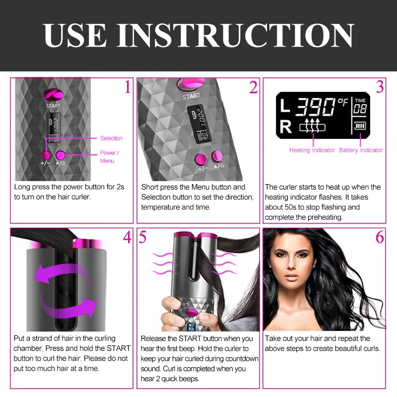 2 in 1 USB Rechargeable Wireless Ceramic Coating Auto Rotating Hair Curling Iron 5000mAh Cordless Automatic Hair Curler