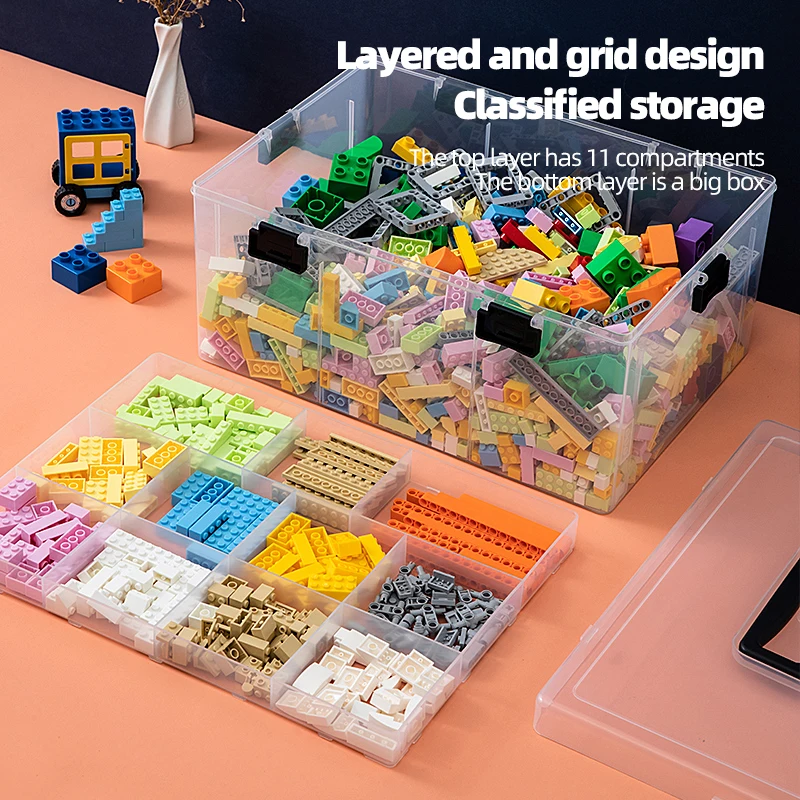 In Stock 2 Layers Large Transparent Portable Storage Organizer Plastic Lego Storage Box With Handle