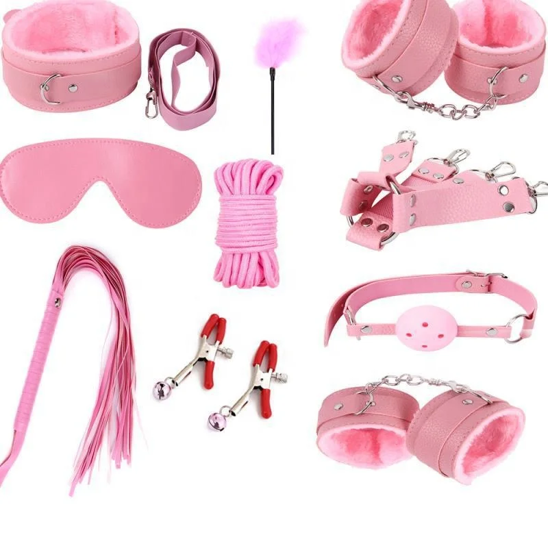 Plush 10 pieces Leather Bondage Kit Alternative Sex Toy Husband and Wife Slave Constraint Strap Eye Patch Mouth Plug Handcuff
