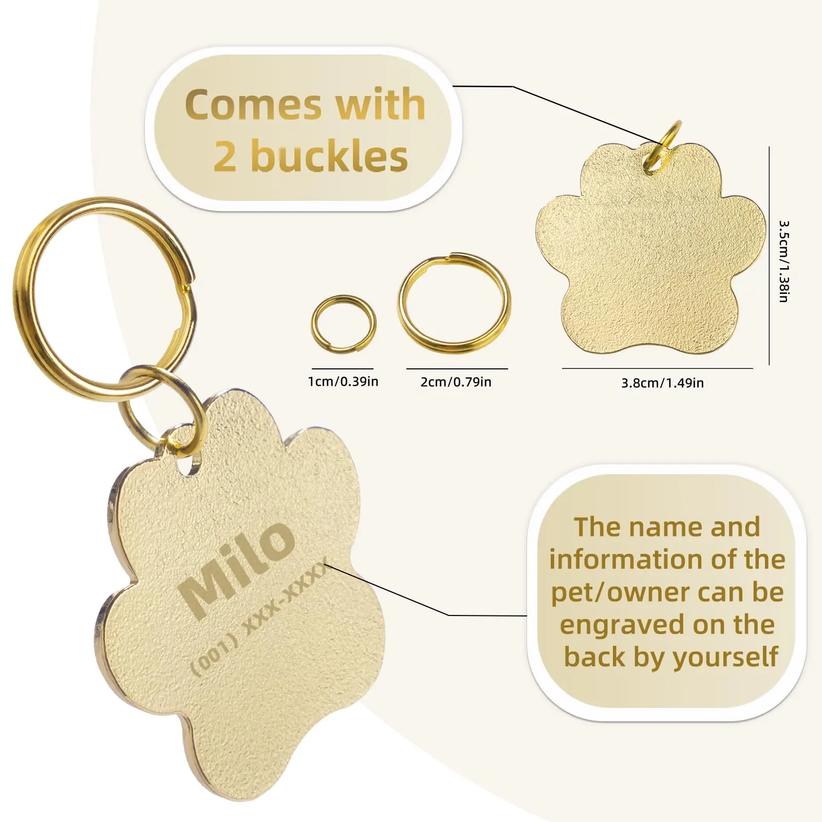 Custom Personalized Boutique Large Size Gold Stainless Steel Dog Name Tags Emotional Support For Engraving Pet Dog Cat