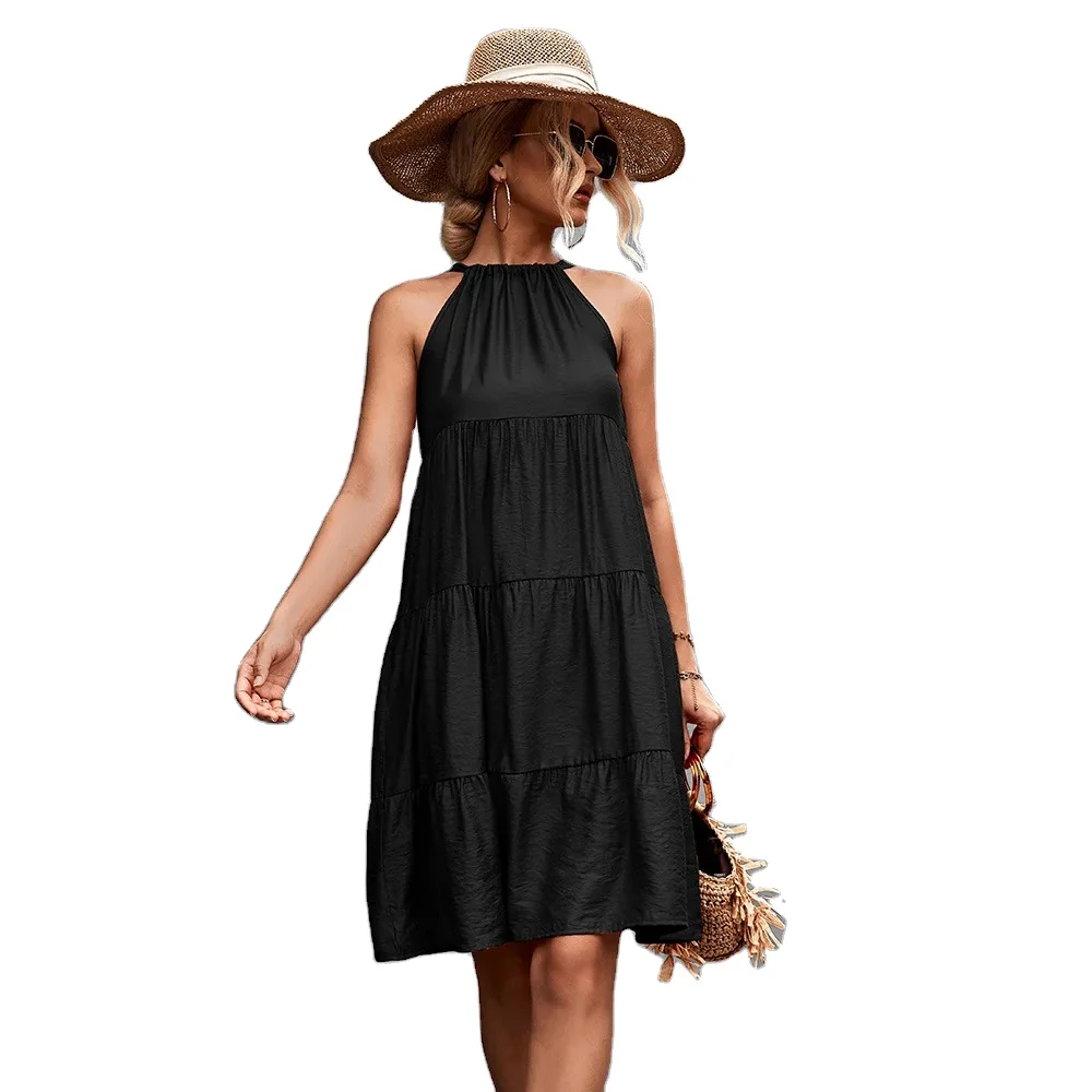 Halter lace up solid color patchwork sleeveless dress clothing manufacturers custom