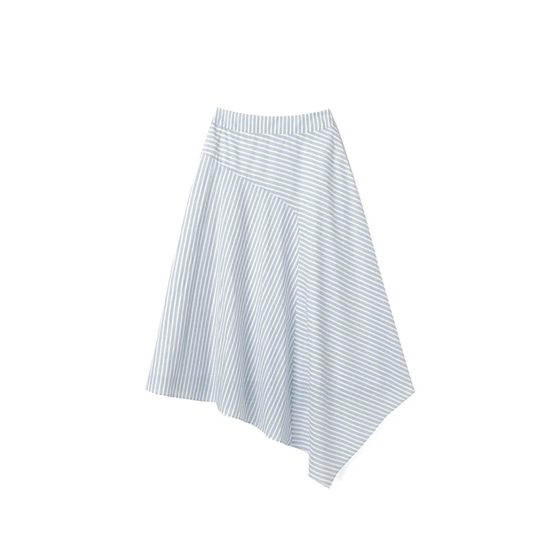 HISOKEY asymmetric design elegant half skirt Blue white stripes casual skirt for office ladies and womens