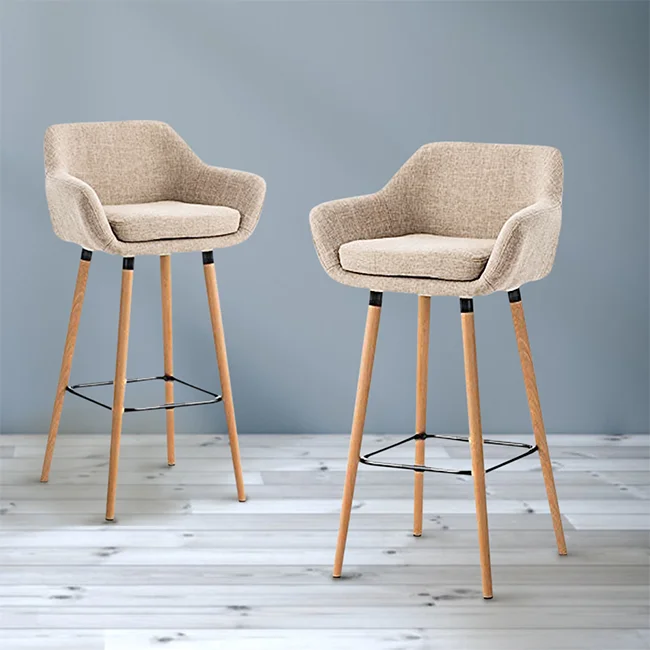 Modern Luxury Customizable Bar Stool High Chair Armrests Fabric Material Wooden Legs