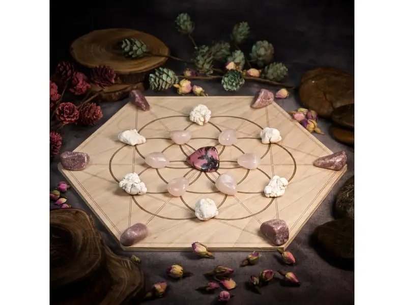 6 Inch Sacred Geometry Laser Cut Wooden Home Crystal Grid Set Mini Crystal Gemstone Engraved Board