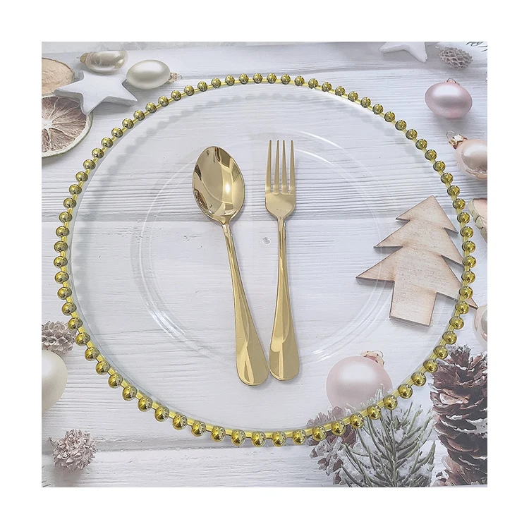 Luxury Round Transparent Clear Plastic Plate Charger Plates With Gold Beads For Dinner Or Hotel