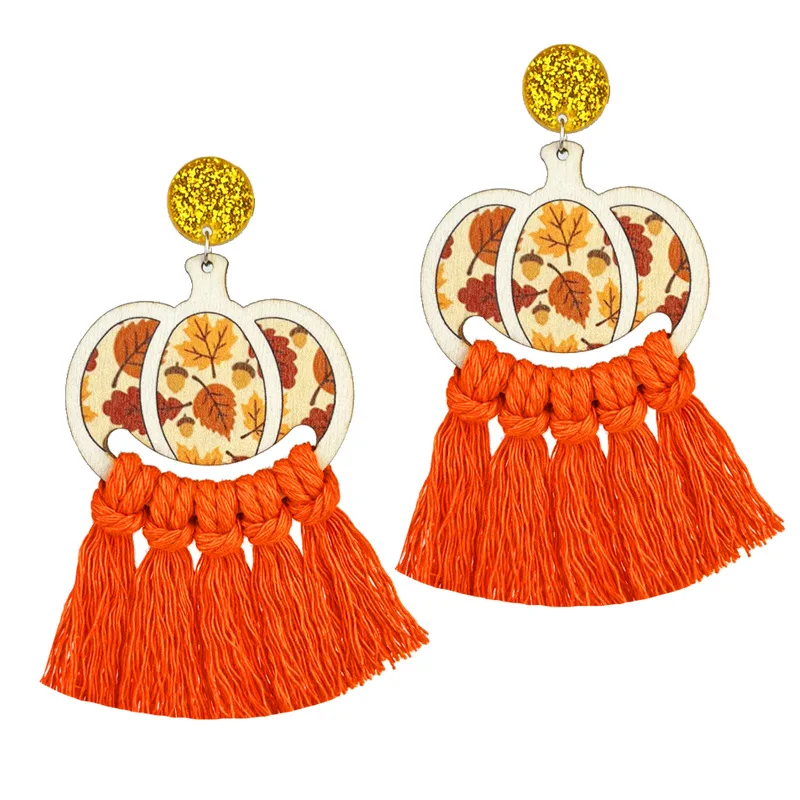 Thanksgiving Day Autumn Hand Woven Tassel Earrings Creative Turkey Pumpkin Maple Leaf Print Wooden Party Earrings For Women