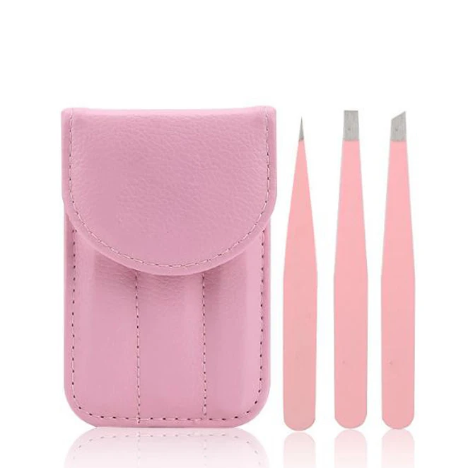 3pcs Black Pink Slanted Pointed Eyebrow Eyelash Extension Tweezers Set with PU bag