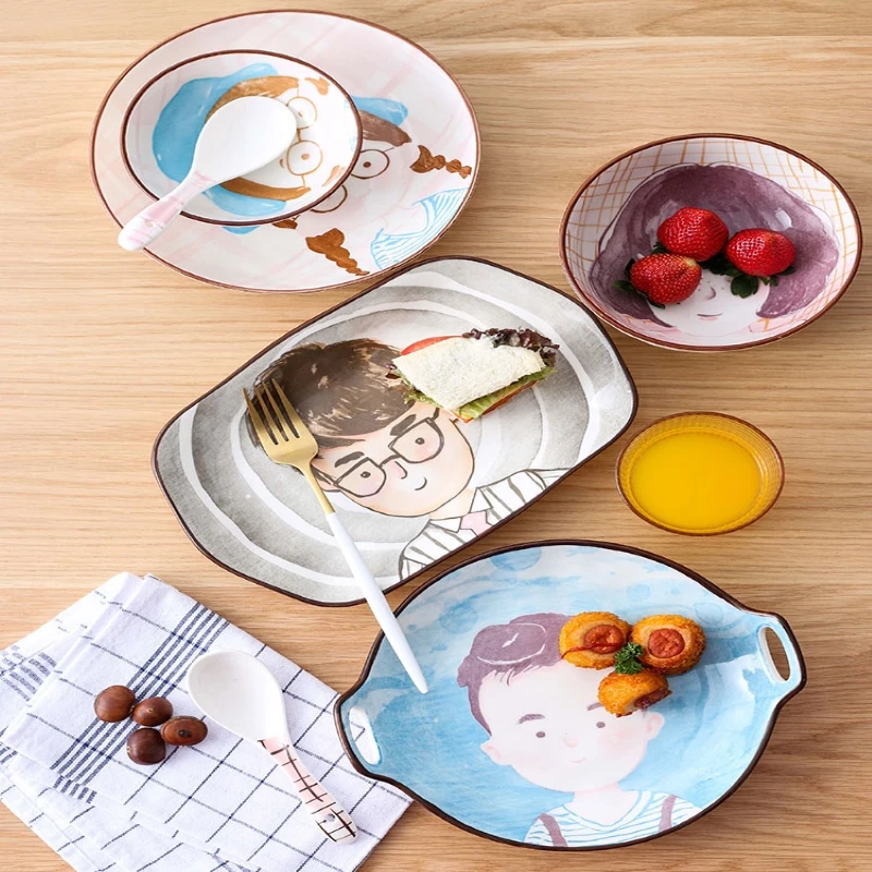 Dinnerware Bowl Set 4-piece Cartoon Family Theme Japanese Style Ceramic Cutlery for Fruit Breakfast Noodle Snacks Ice Cream