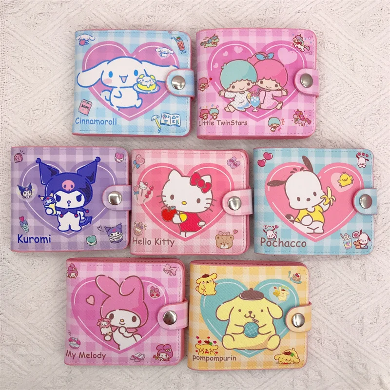 Cute Sanrioed Kuromi Cinnamoroll PU Wallet Coin Purse Cartoon Anime My Melody Pompom Purin Keyring Card Bag Mini Purse Handbag