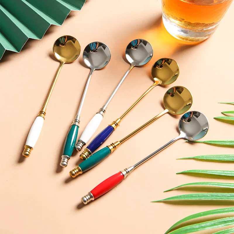 304Stainless steel retro porcelain handle coffee muddler  creative long handle small spoon Ice cream dessert spoon