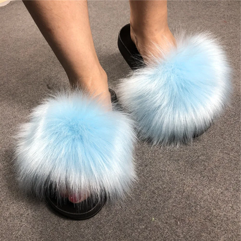 Imitation Fox Fur Slippers Faux Fluffy Plush Slide Custom Summer Women Fashion Fur Slides