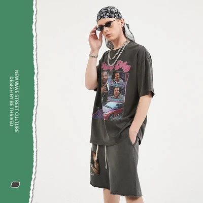 BE127 Drop Shopping 2021 spring and summer old printed short-sleeved hip-hop high street T-shirt for men and women