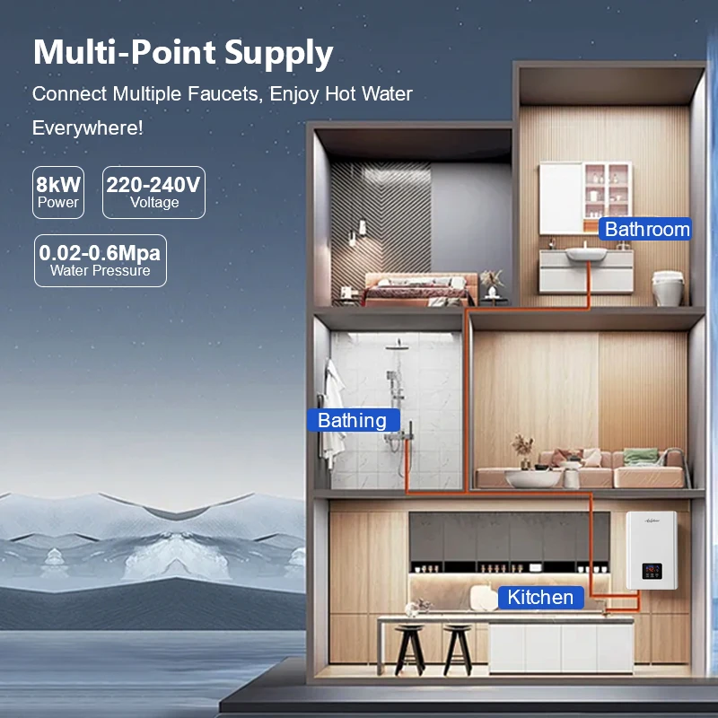 Multi point supply hot water 8000W 220V electric geyser portable instant electric tankless water heater