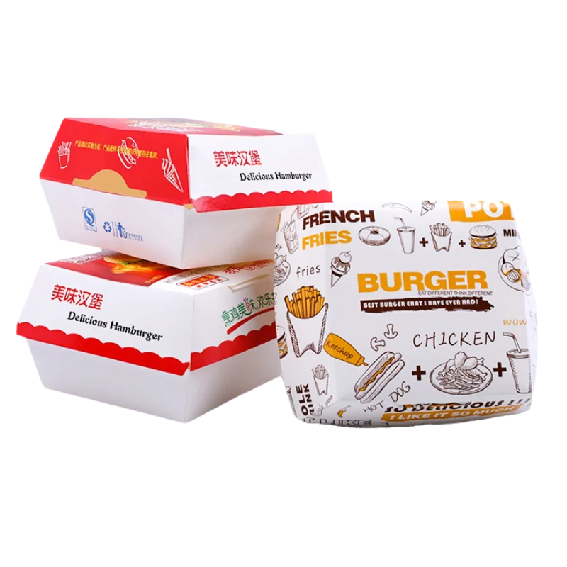 Disposable Whiteboard Hamburger Box Grilled Foldable Hamburger Packing Snacks Burger Paper Box
