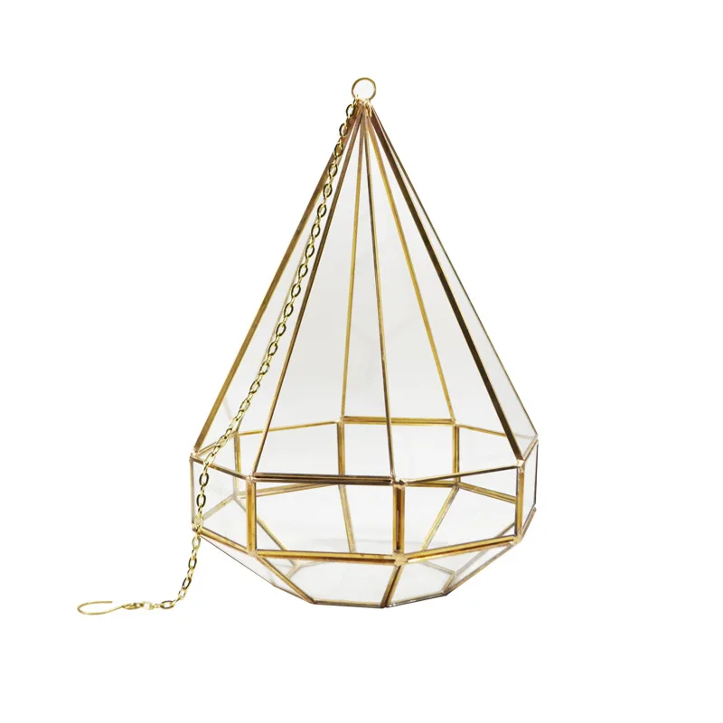 Factory direct large black copper with hanging chain 8 angle diamond shape glass flower house plant planting container