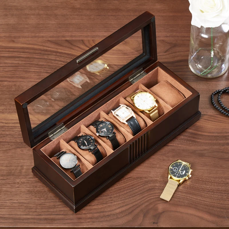 Custom logo high quality 6 slots watches display box wood watch storage box organizer