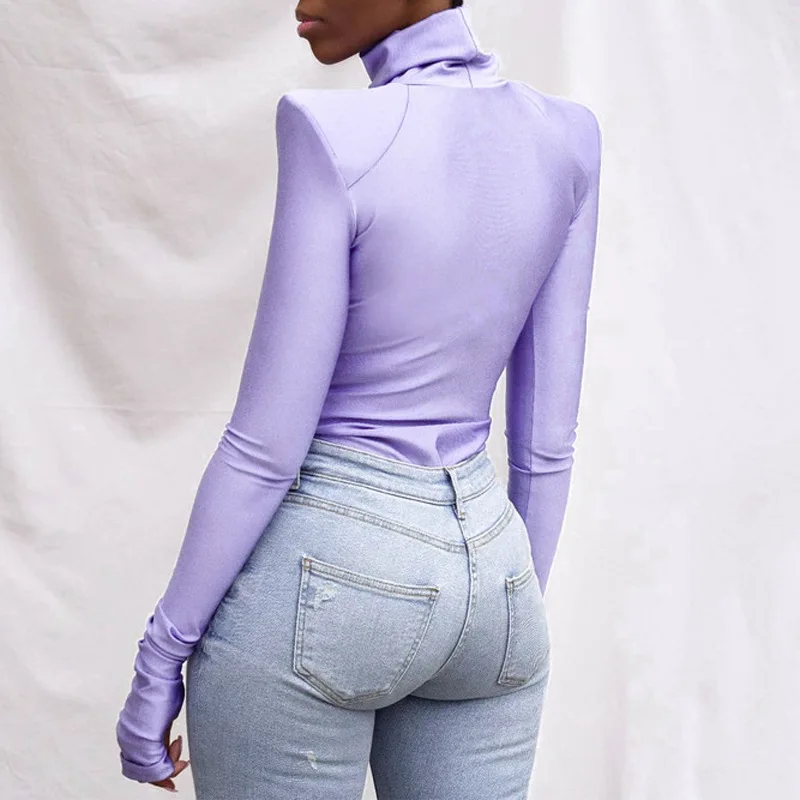2023 Fashion Solid Turtleneck Shoulder Pads Base Shirt Catsuit Woman Long Sleeve Finger Jumpsuit Onesie Women Bodysuit