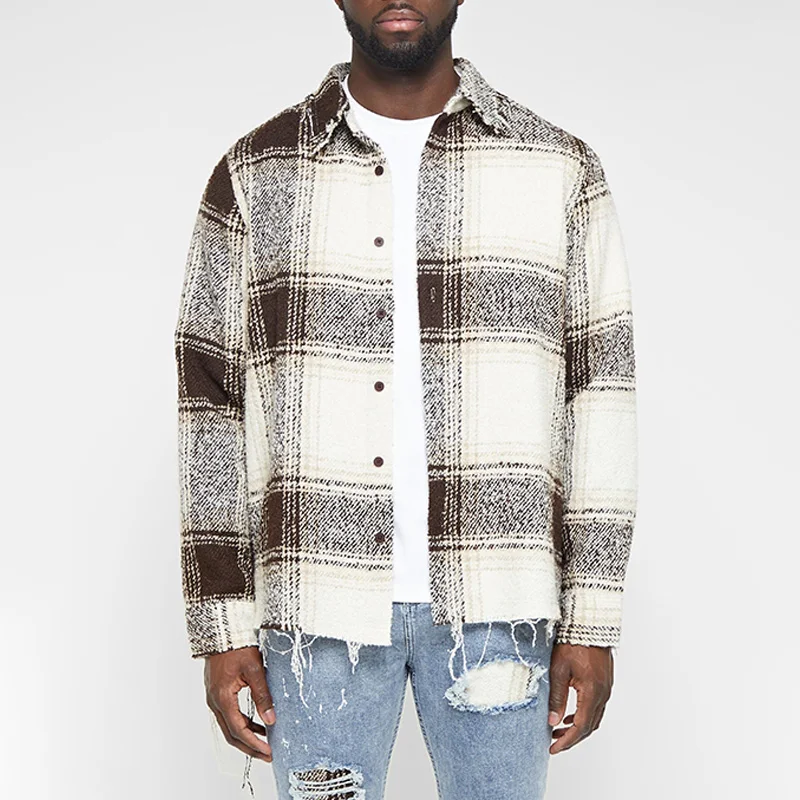 Custom Wholesale Beige Distressed Textured Check Flannel Shirts