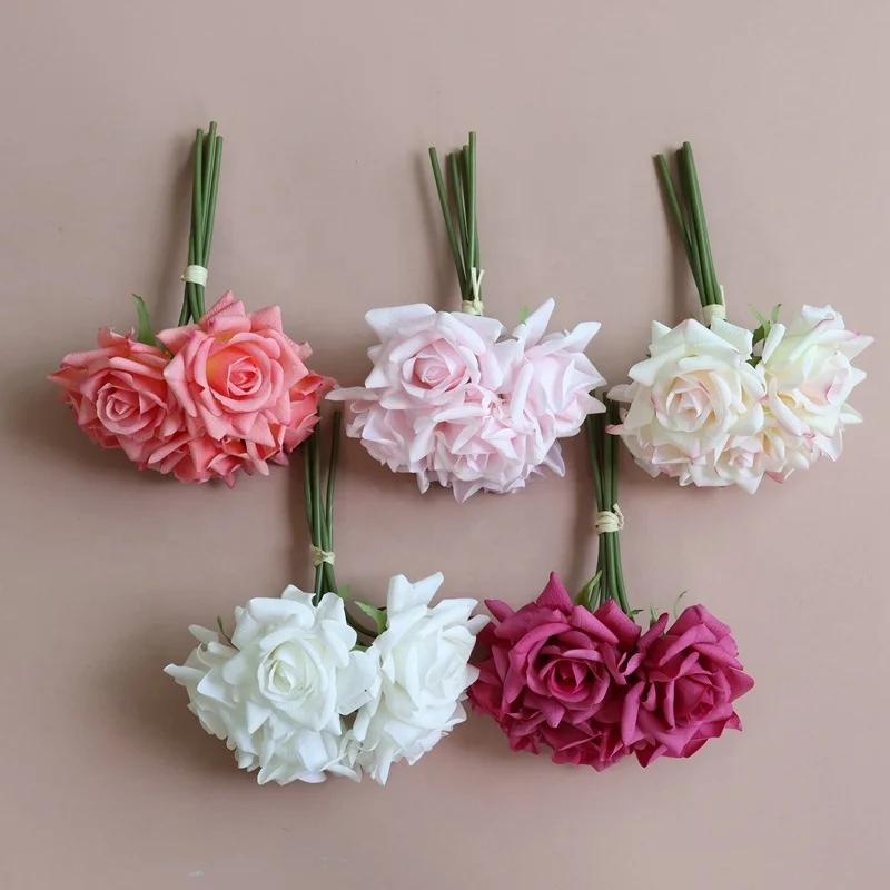 Wholesale Latex Hot Pink Roses Bunch Artificial Real Touch Flowers for Wedding Decoration Centerpiece flower
