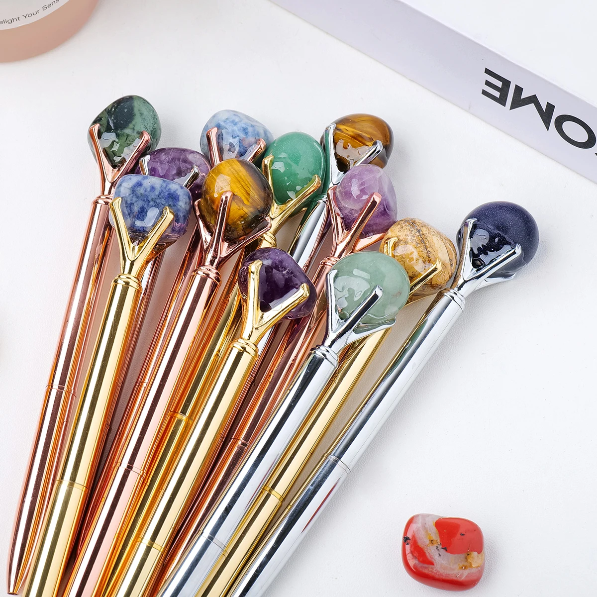 Wholesale Tumble Stone Pen Ink Pens Gold Metallic Crystal Pens Ballpoint With Custom Logo Office Student Gift