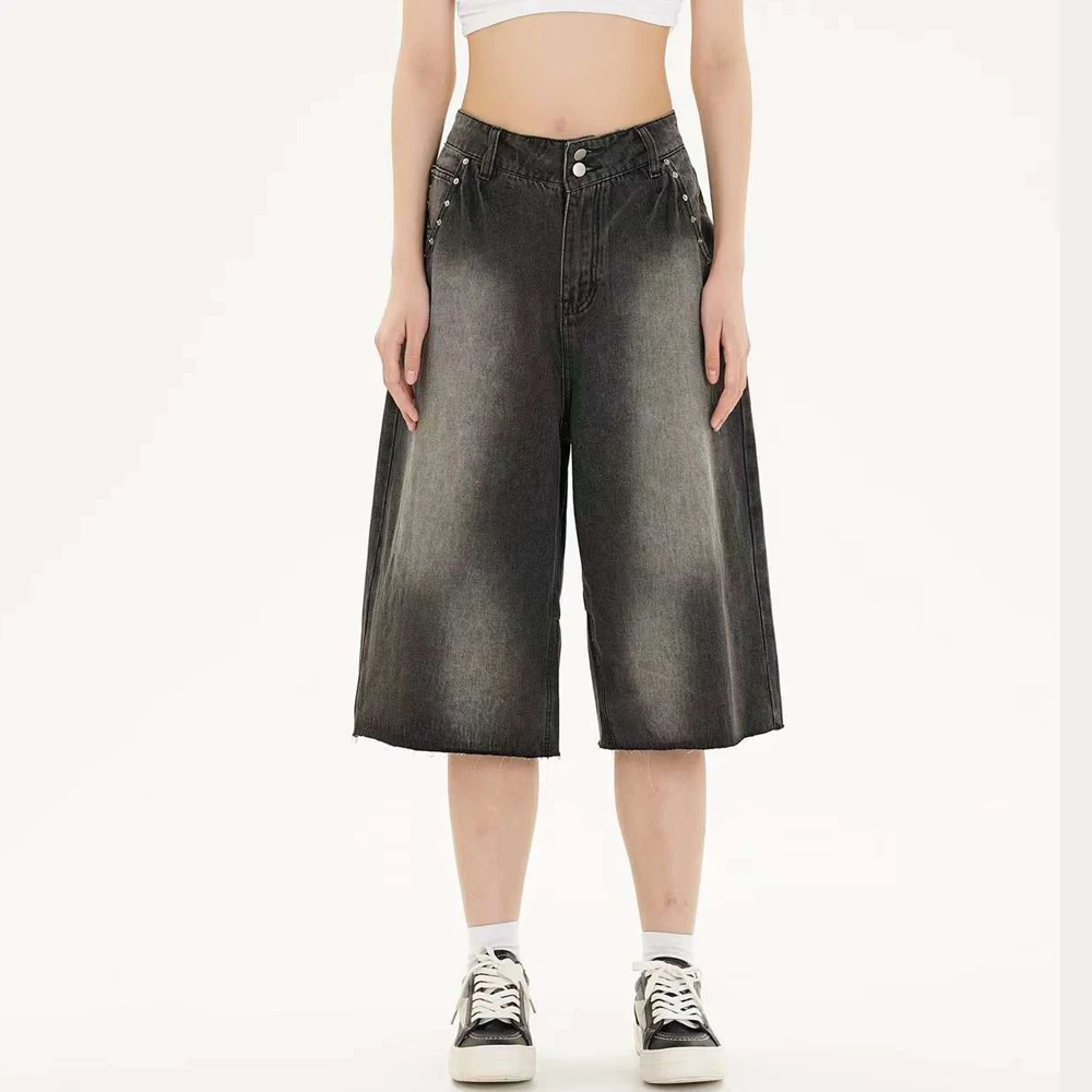 ESH-047 Custom Logo women Blank Acid Wash Loose Fit Baggy Jorts Pants Oversized Denim Jean jorts for women