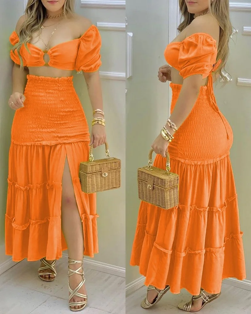 Hot New Sweet Fashion Solid Color Short-sleeved Color Matching Printed Long Skirt Suit and Blanket Dress for Women