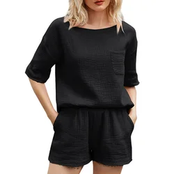 Summer fashionable home set women 2 piece set ladies cotton linen outfit with pocket for lady short sleeve and short pant