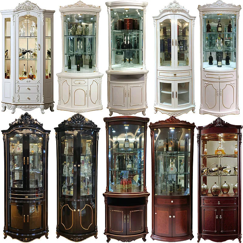European Black Oak Coffee Bar Living Room Furniture Wooden Luxury Floor Wine Cabinet Rack Red Color Kitchen Curio Corner Cabinet
