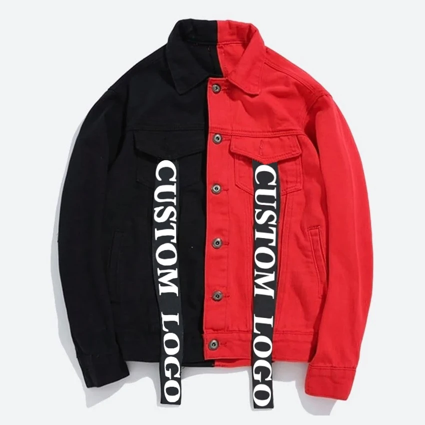Изготовленный на заказ логотип черный мужские куртки и пальто в соответствии с эффектом потертости Two Tone джинсовые куртки мужские 2-синий джинсовый жакет красного цвета