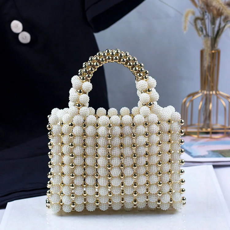 Pearl Dinner Dress Handbag 2023 New Hand Woven Small Design Beaded Square Bag