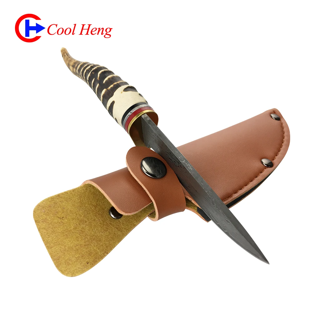 
Damascus pattern Antlers handle outdoors knife Retro Camping hunting knife With PU knife cover 