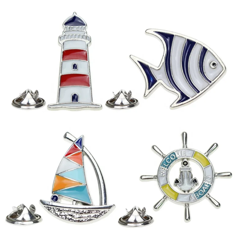 wholesale stock nordic style custom dripping oil Sailboat rudder metal lapel badge brooch pins with clasp cluth